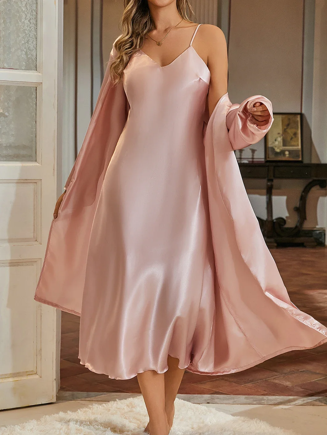 Conjunto de Dos Piezas para Mujer, Elegante Camisón Largo con Cuello en V y Bata Extra Larga, Camisola Extra Larga, Bata de Color Sólido, Conjunto para Estar en Casa