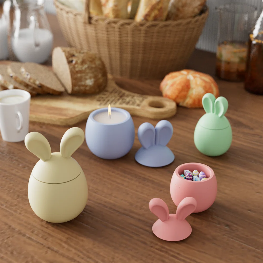 Boowan Nicole Hoppy Bunny Eared Easter Egg Candle Jar Silicone Mold for Gypsum Handmade Jesmonite Easter Candle Vessel Making silicone mold