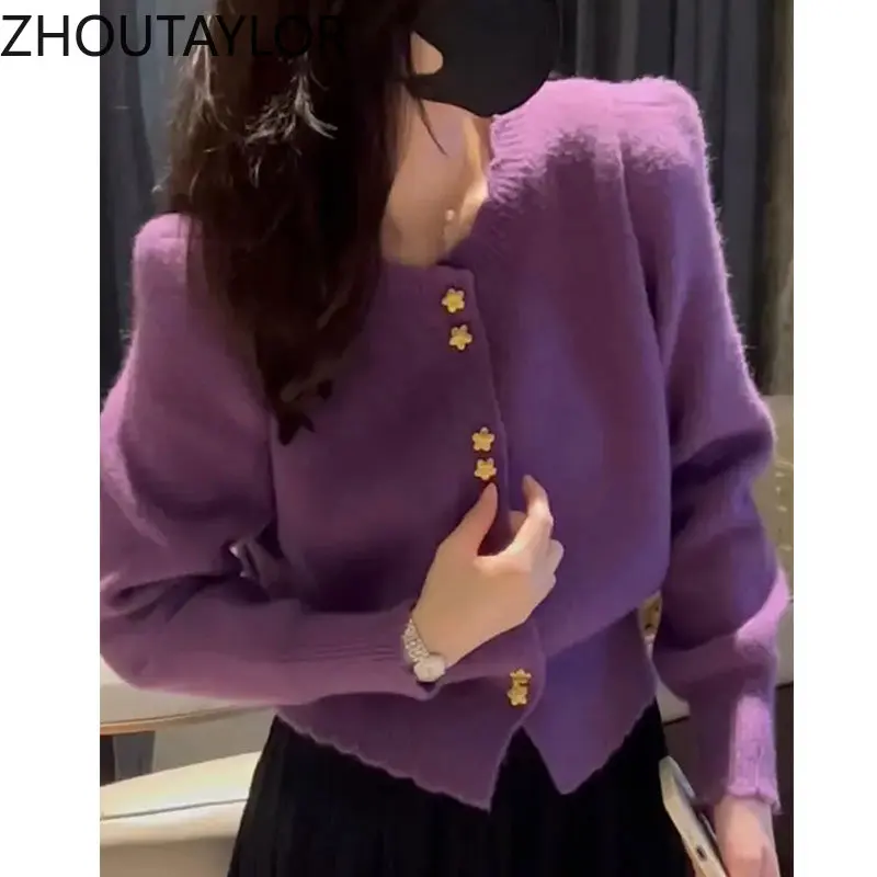 ZHOUTAYLOR-여성 가디건, 스위트 오피스 레이디, 라운드넥, 루즈한 봄, 최신 여성 상의, 프랑스 스타일 패션, 긴 소매 스웨터, 여성 가디건