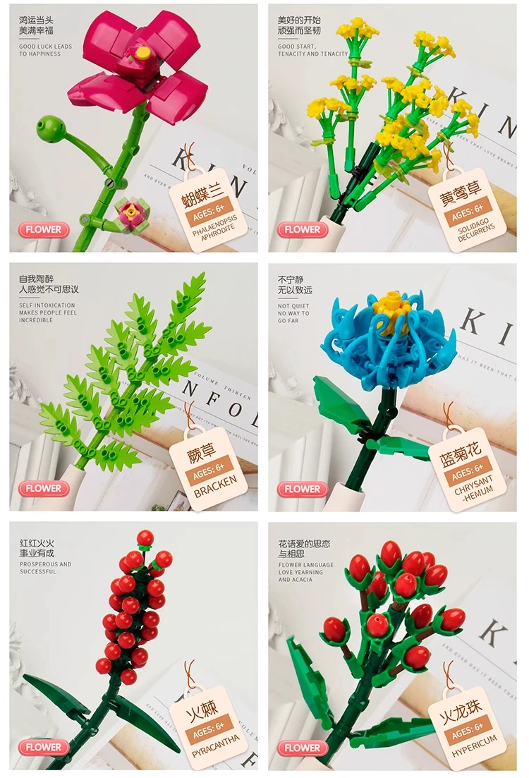 Eternal Rose Sunflower Bouquet Building Blocks, DIY Mini Bricks for Adults, No W