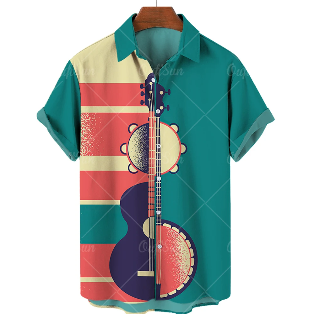 Summer Hawaiian Shirts For Men Music Guitar Printed Tops Clothing Fashion Casual Oversized Collar Rock And Roll Blouses 5