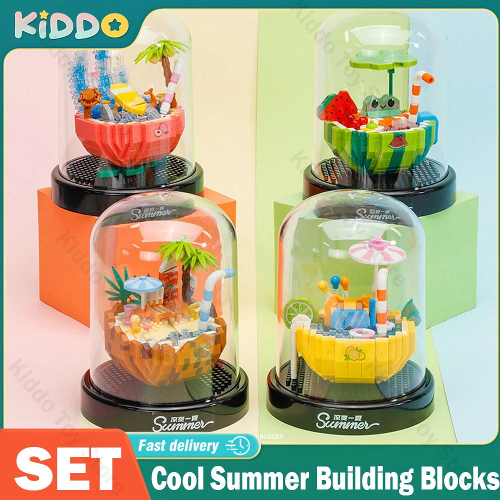 

Cool Summer Building Blocks Set 500+pcs Funny Watermelon Assembled Peach Model Coconut Beach Mini Brick Figure Toys for Kid Gift
