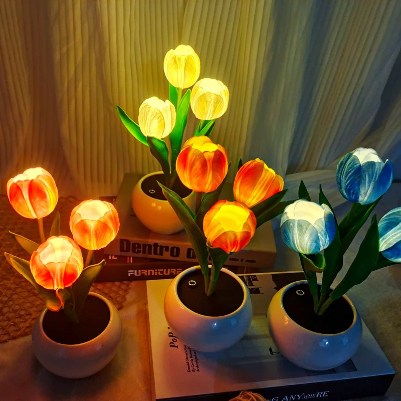 

Rechargeable Tulip LED Flower Table Lamp Romantic Atmosphere Simulation Desktop Night Light for Home Decoration Office Bar Cafe