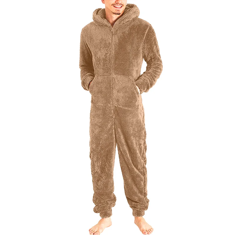 1pc Winter Men's Zipper Warm Plush One-Piece Pajamas Home Clothing Can Be Worn Outside Warm Comfortable Simple Solid Color