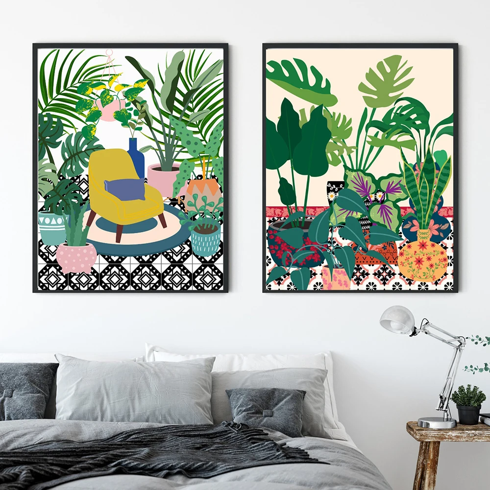 

Modern Canvas Paintings Set Of 2 Prints Geo Tile Botanical House Plants Vintage Vase Art Gallery For Living Room Home Decor Gift