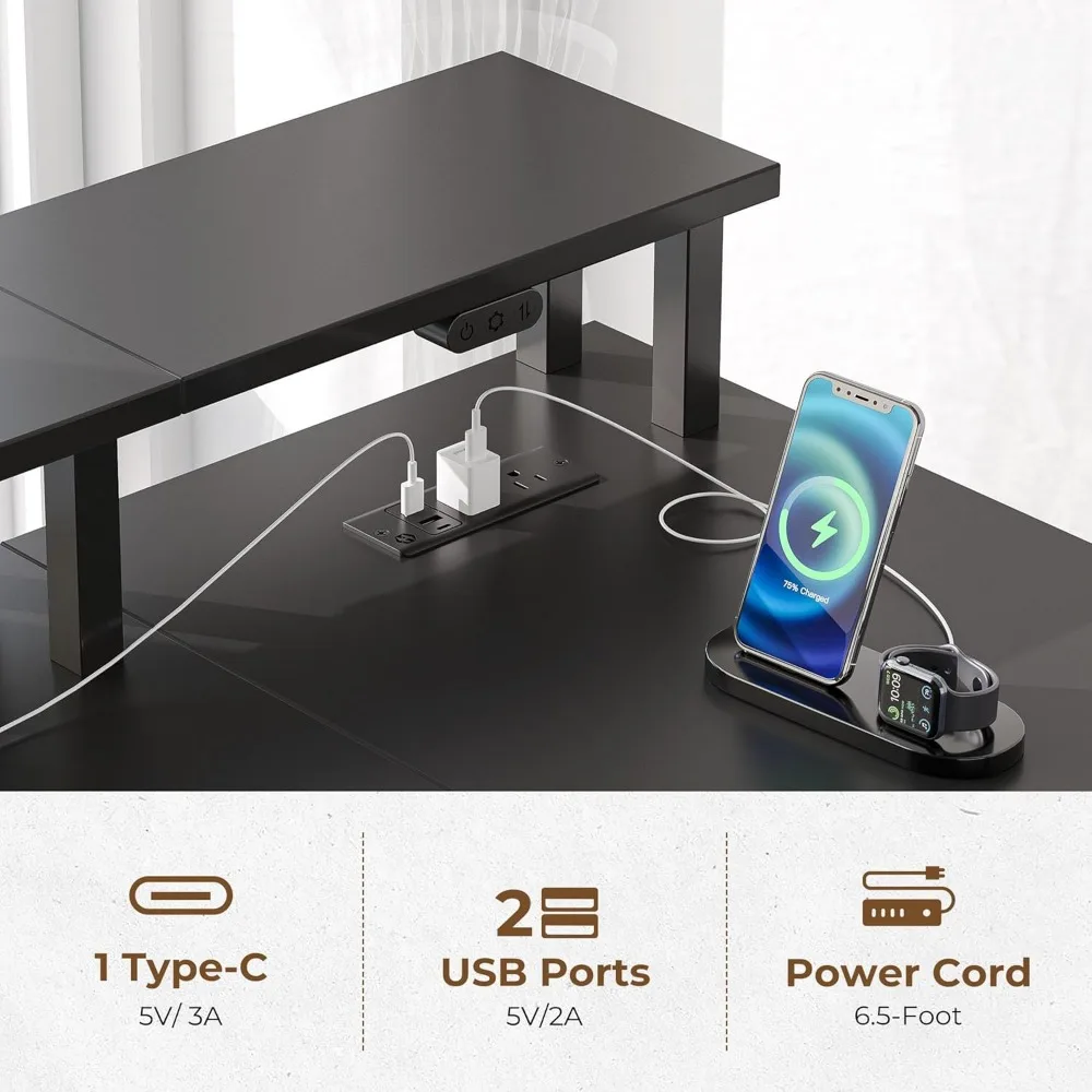 L Shaped Desk with File Drawers, 64" Home Office Desk with Power Outlet & LED Lights, Reversible Gaming Desk 4