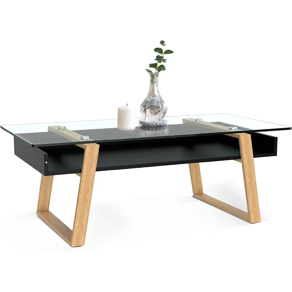 

(Spring Sale) Coffee Table - Modern Tempered Glass Top, Contemporary Style, Suitable for Home or Office Use, Black Coffee Table