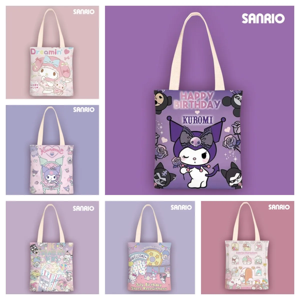 

Anime KT Family Kawaii Sanrio Kuromi My Melody Cinnamoroll Hello Kitty LittleTwinStars Shopping Travel Shoulder Bag Storage Bag