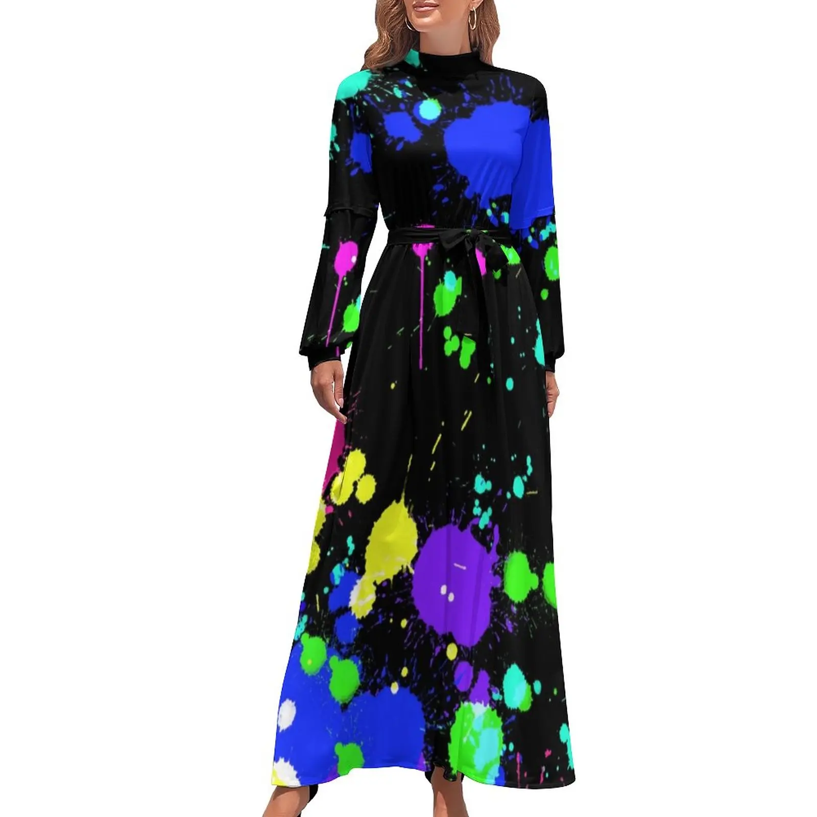 

Cool Paint Splatter Dress Neon Bright Print Elegant Maxi Dress Street Fashion Bohemia Long Dresses High Waist Design Vestidos