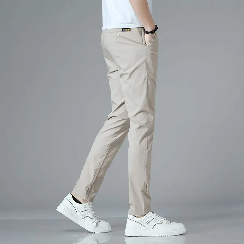Summer Fashion Casual Simple Suit Pants Men Solid Elastic Waist Button Zipper Pocket Korean Trendy Versatile Straight Trousers