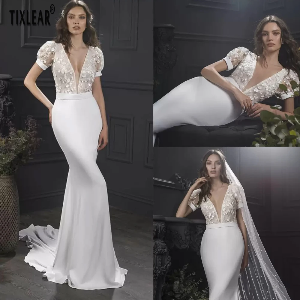 

TIXLEAR Wedding Gowns For Women 2023 Corset Lace Up Back Vintage Belt Satin Bridal Dress Short Sleeves Customize Sweep Train