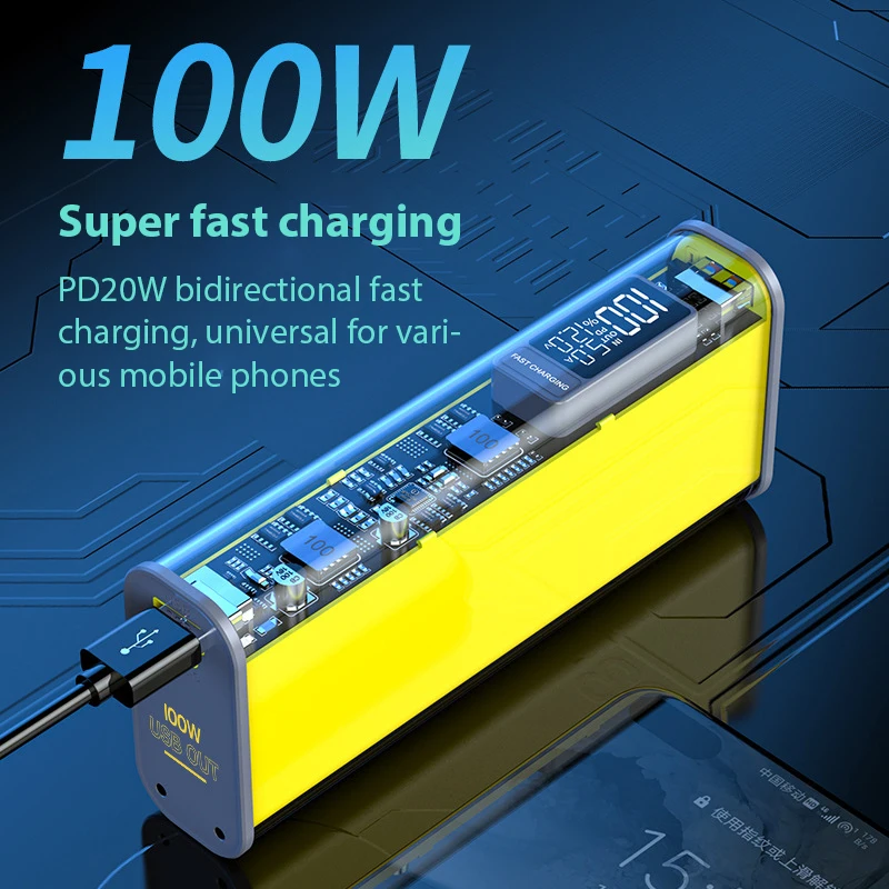 Power Bank Power Bank Case PD100W Transparent 18650*8/21700*4 With board DIY Suit USB TYPE C Two-way Fast Charging Housing