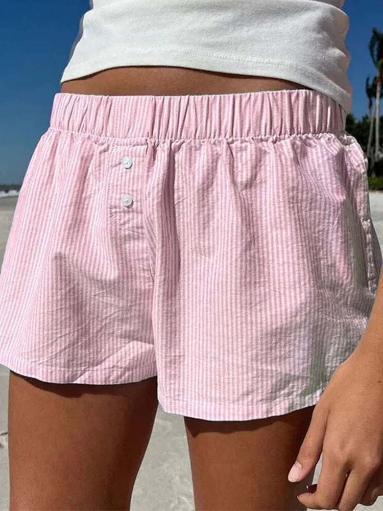 Striped Print Casual Shorts for Women Elastic Waist Fashion Button Bottoms Streetwear Chic Basic Y2K Loose Shorts 1