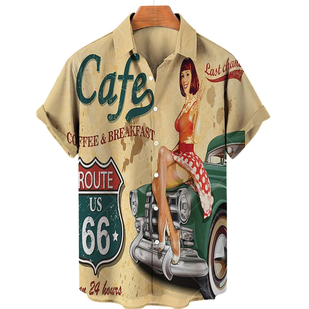

Summer Men's Shirt 3D Motorcycle Girls Route 66 Hawaiian Shirt For Men American Short Sleeve Oversized Shirt Male Clothing Tops
