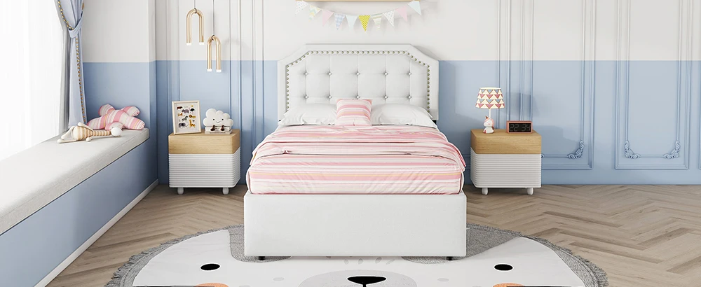KOMHTOM 90x200 cm Flachbett, gepolstertes Bett mit Nachttischpolsterung und dekorativen Nieten, doppelte Schubladen, Hellbeige – Detail 1
