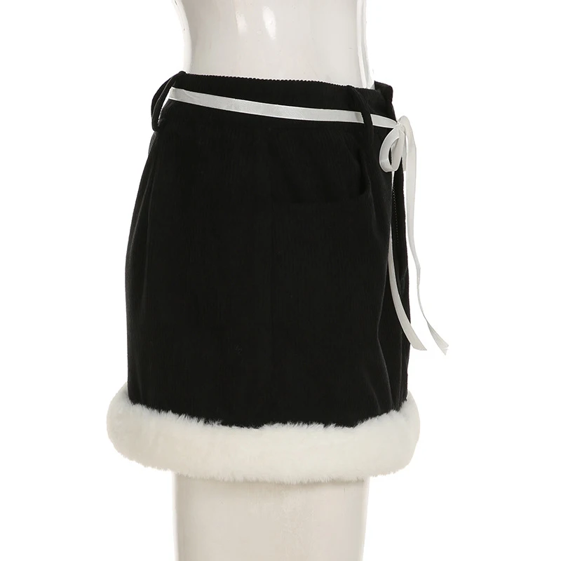 y2k Skirt Women Aesthetic Clothes Contrast Color Tie-up Low Waist Furry Patchwork Short Mini Skirt 2000s Streetwear