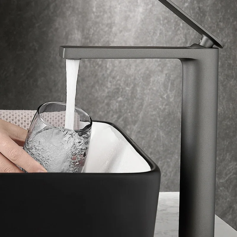 

Grey all copper faucet bathroom basin single hole wash basin bathroom countertop basin high end extended cold and hot sink