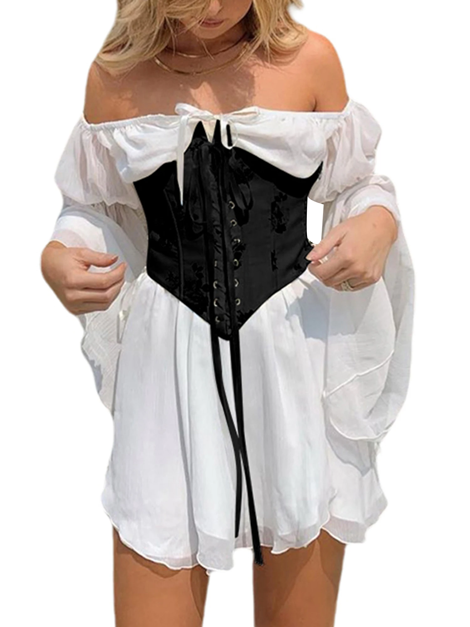 Damenmode Einfarbig Langarm One-Line Kragen Dünner Schnürrock Sommer Neue Mode Mesh Langarm Y2K Kleid – Detail 2