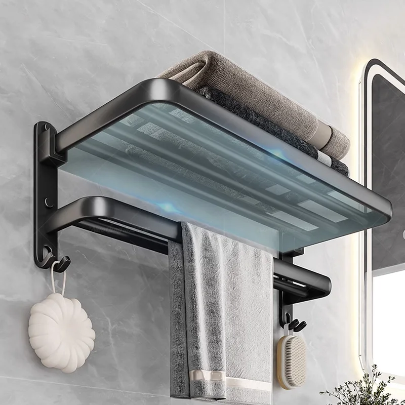 2 Layer Bathroom Foldable Towel Holder with Hooks Matte Black Aluminum Wall Mount Self Adhesive Bath Towel Rack Hanger No Drill