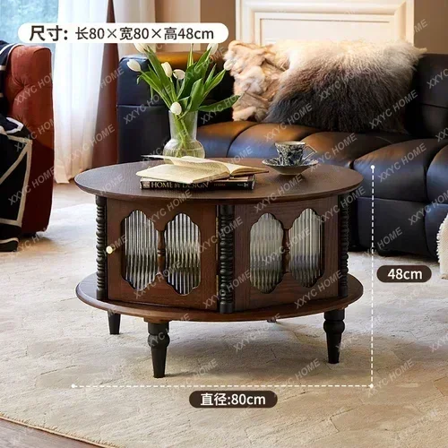 French Retro Solid Wood Coffee Table TV Cabinet Combination round Changhong Glass Tea Table