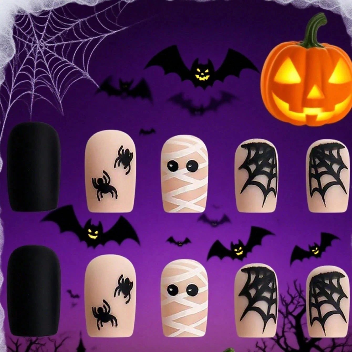 24PCS 할로윈 미라 디자인 가짜 손톱 짧은 사각형 가짜 손톱 귀여운 프레스 손톱 풀 커버리지 할로윈 손톱