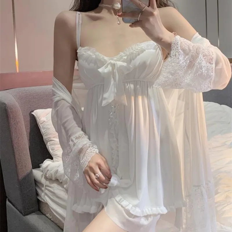 Latest Women sexy pajama mesh halter Nightdress Solid color bow pyjamas Sweet lace nightdress Lacework backless sleepwear dress