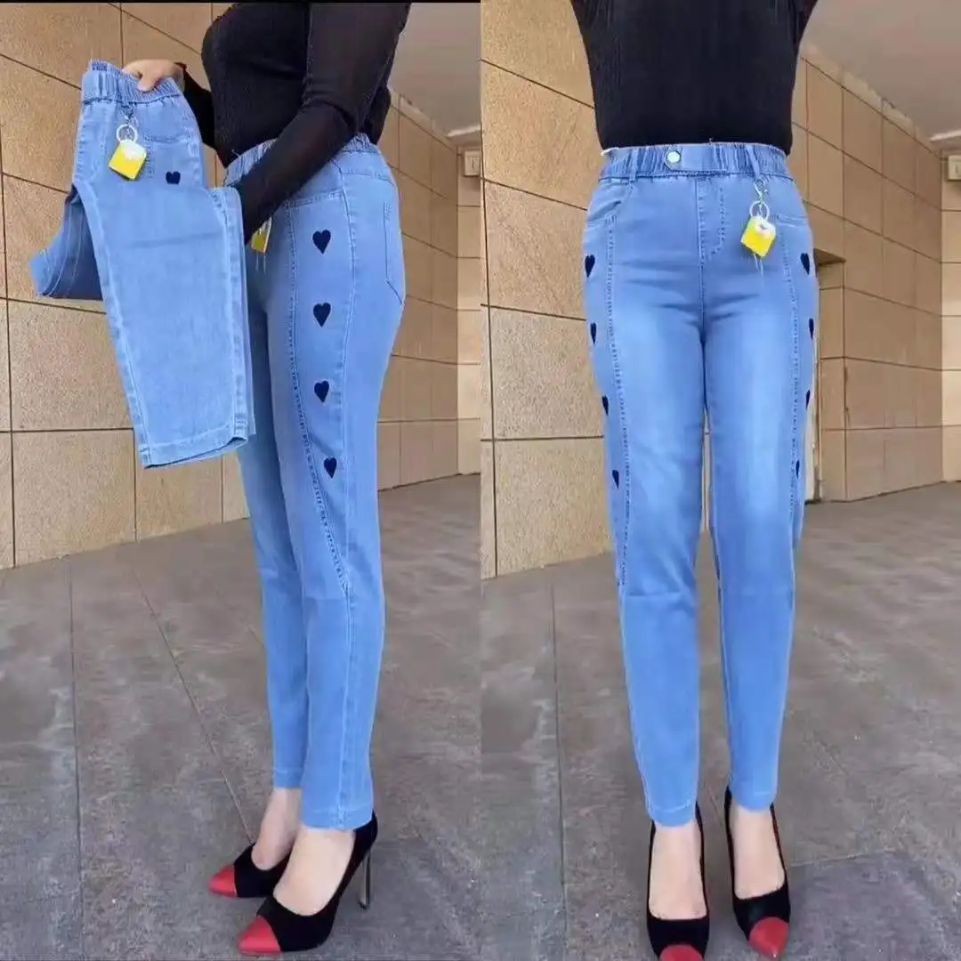 Large Size Middle-aged Women's Elastic Cotton Jeans Spring