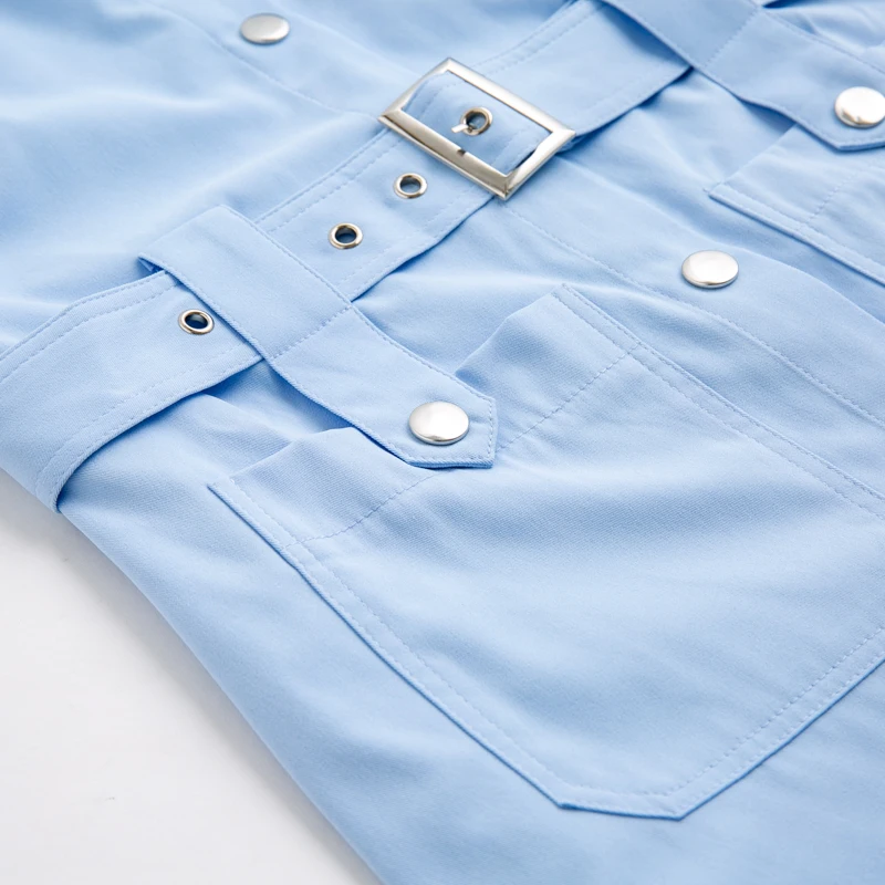 BerryGo Elegant 2022 summer shirt dress short sleeve office dress women Single breasted belt mini dress Blue pocket work vestido