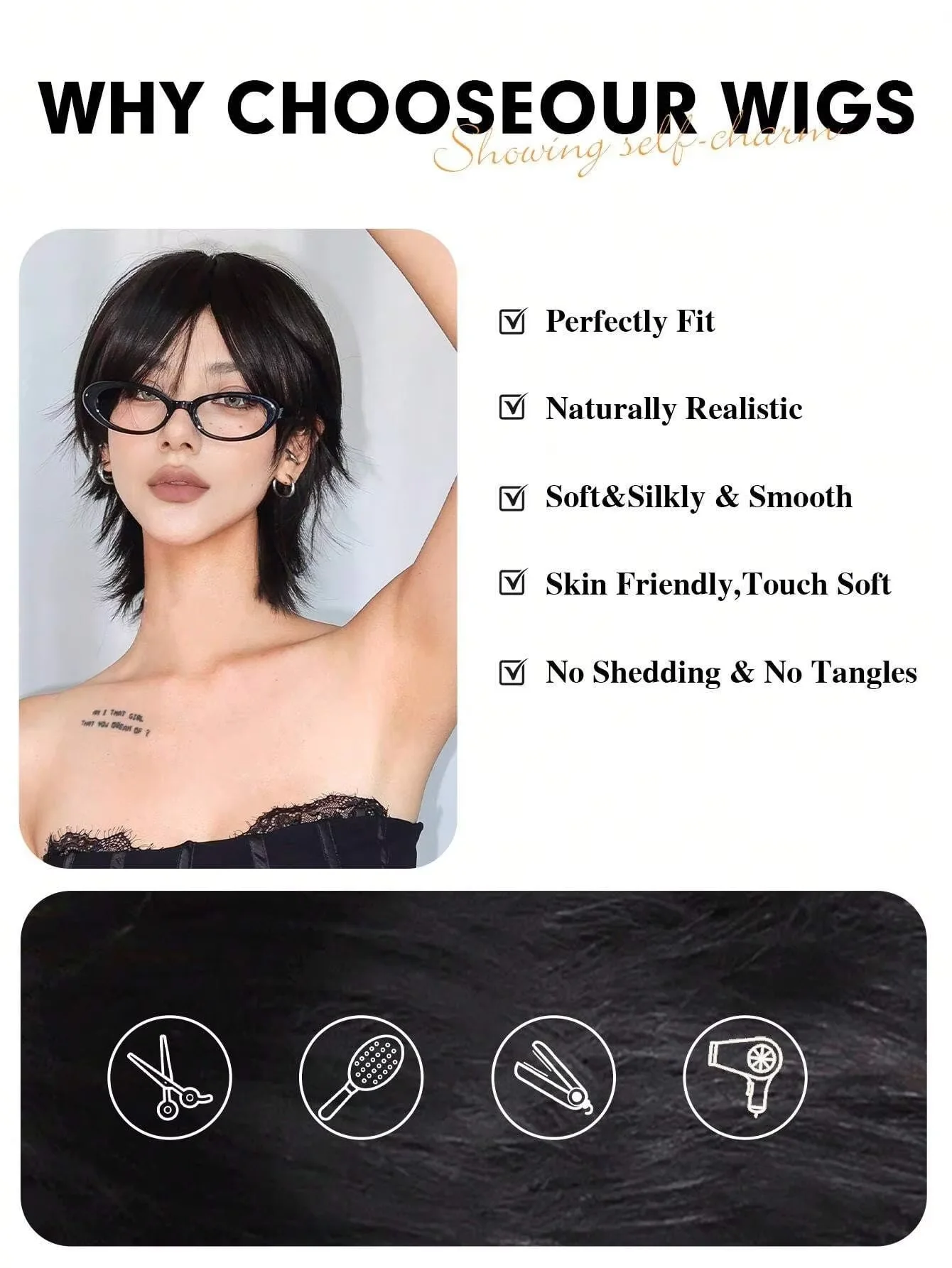 12 inch short salmon head wig with bangs, women's short straight black synthetic wig, party elf cut short wig