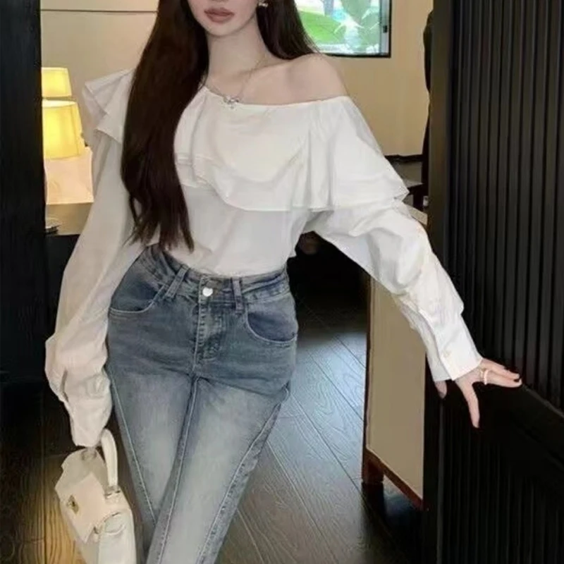 Sweet Ruffles Blouse for Women Sexy Off Shoulder Shirt French Style Elegant Long Lantern Sleeve Tops Clothes New 8395