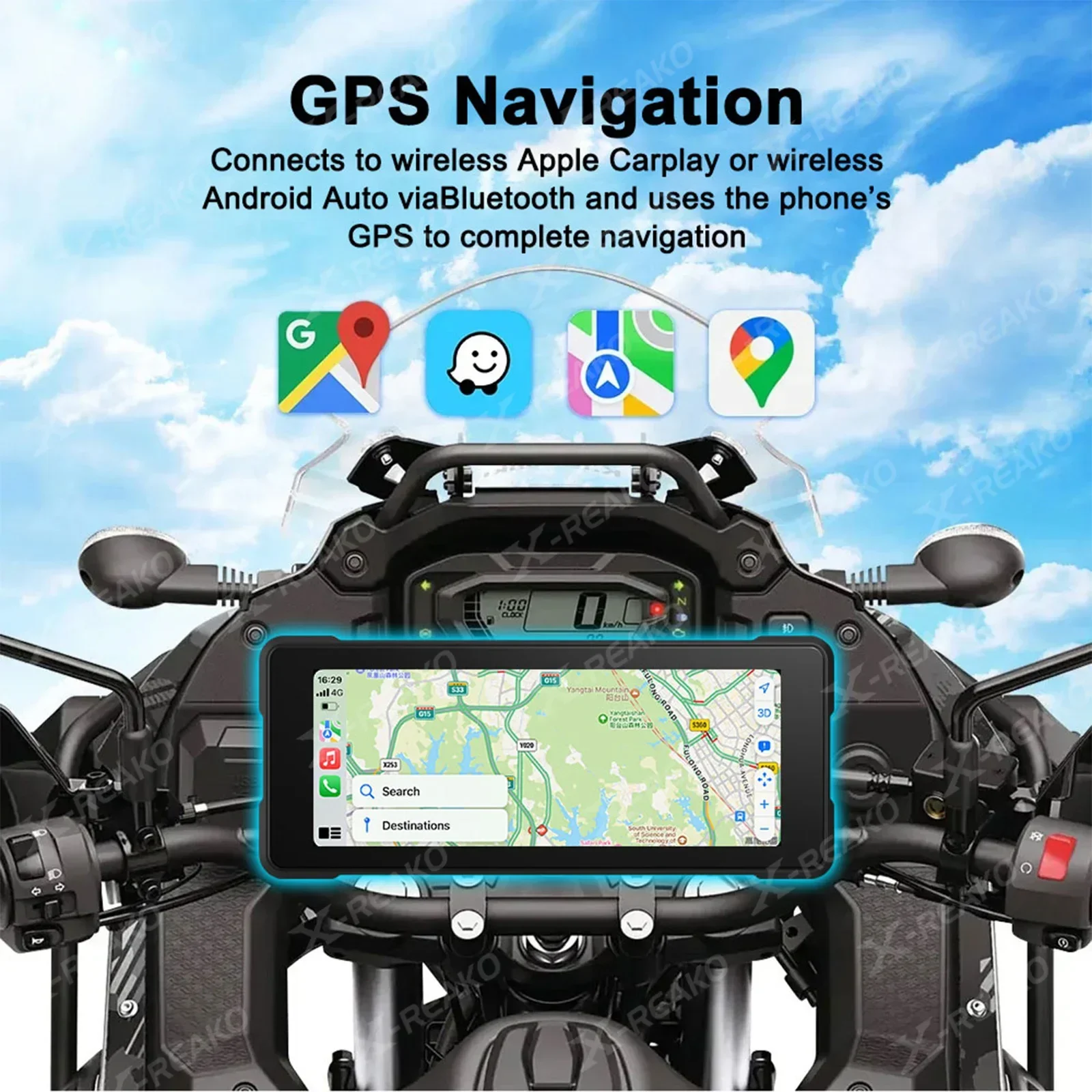 X-REAKO 6.86-inch Motorcycle GPS Player IPX7 Waterproof Carplay Android Auto Mirror link Supports Bluetooth Headset/Helmet