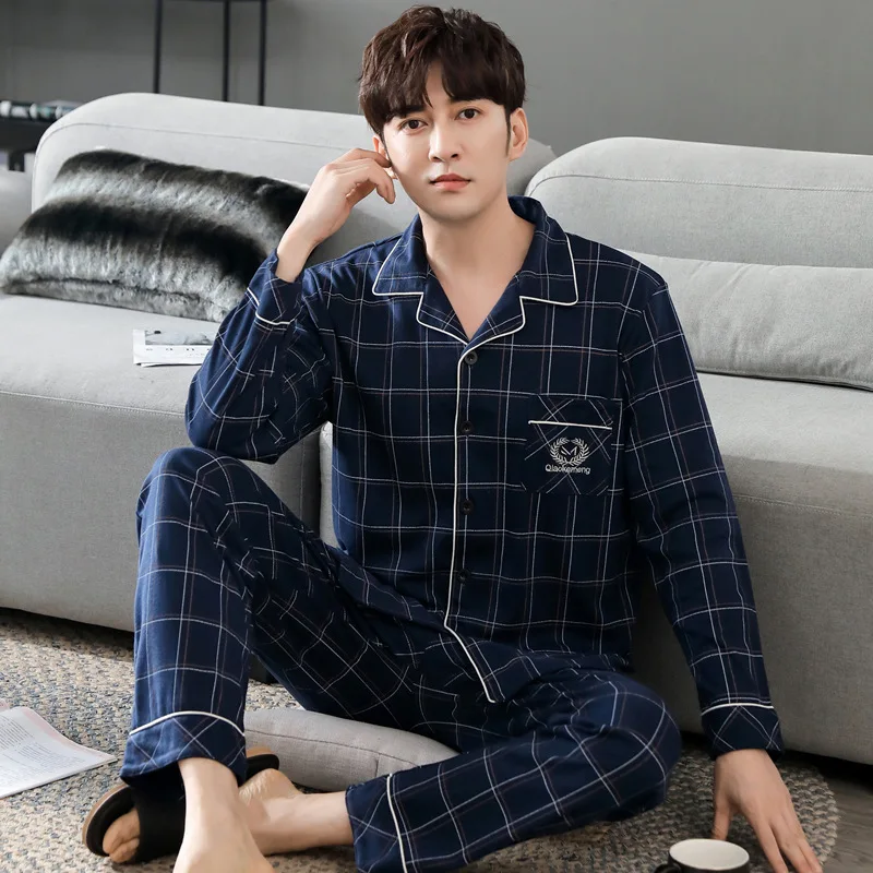 2024 Men Pyjama Full Cotton Spring Long Sleeve Print Lattice Suit Autumn Nightwear Collar  Male Sleepwear Two Piece SizeL-4XL