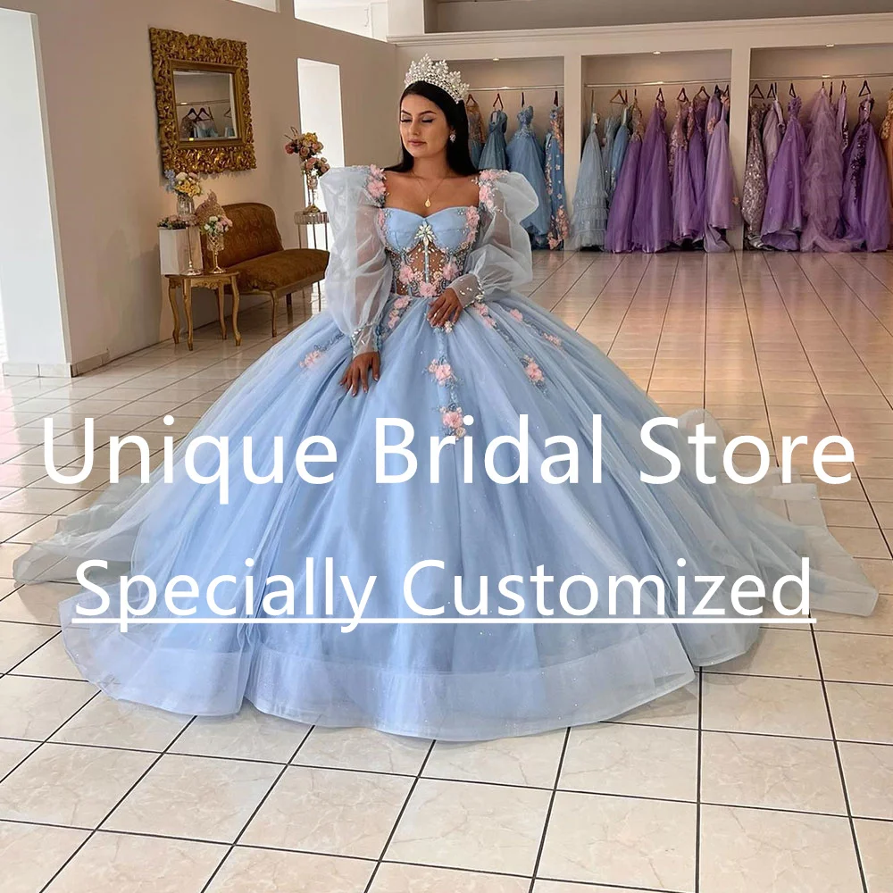 

Fashion Blue Quinceanera Dress Illusion Long Sleeve Ball Gown Sweetheart Applique Lace Up Vestidos De 15 Años Quinceañeras 2023