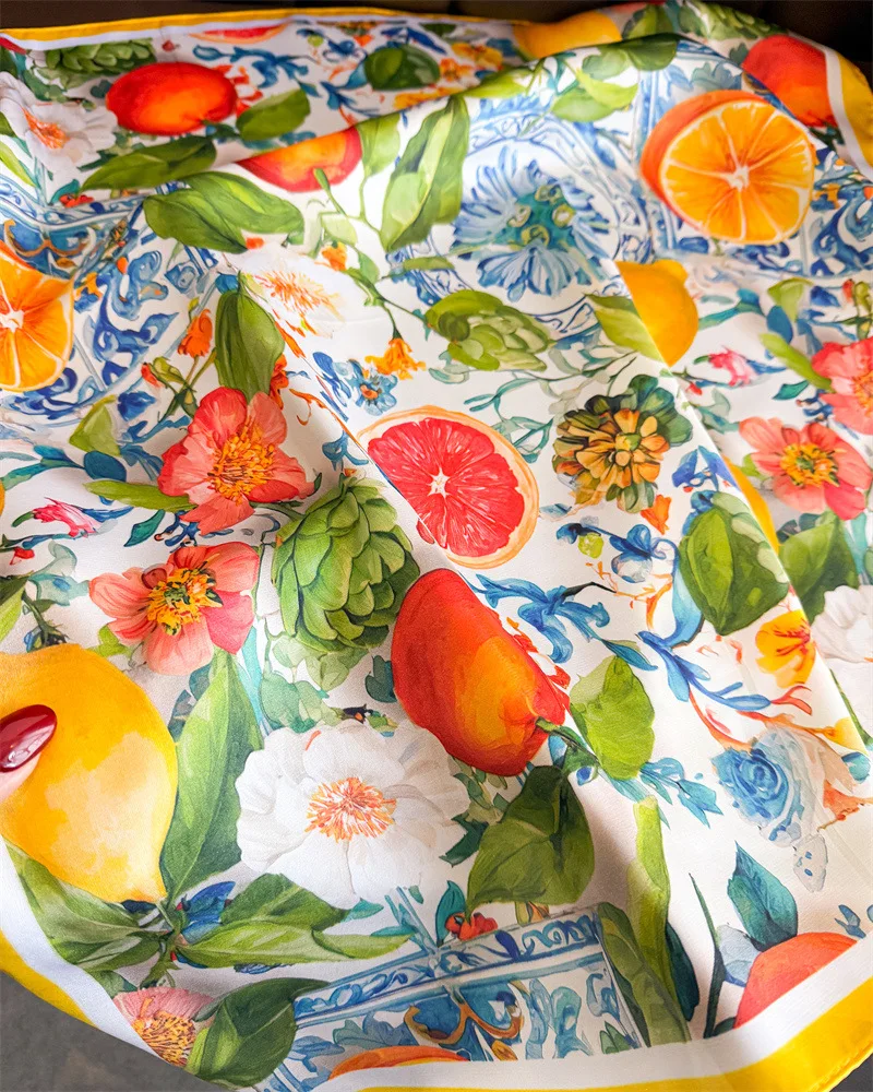 Modische bedruckte Seiden-Haarbänder, Sommer-Zitronenschal für Damen, 2026 Neu, elegantes Bandana, Halstuch, Kopfbänder, Foulard, Damenschals – Detail 7