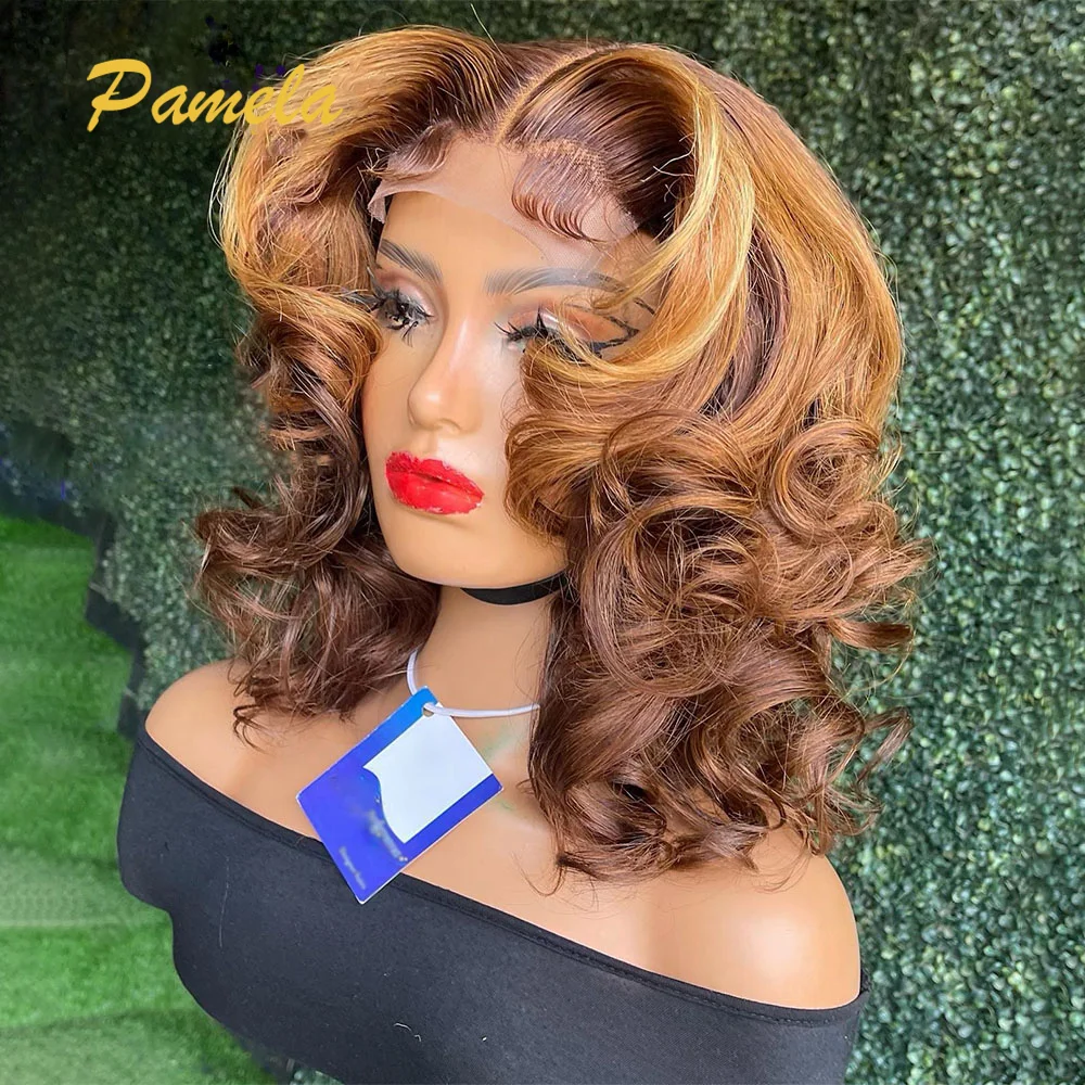 13x4 Ombre Blonde Short Bob Lace Front Human Hair Wigs Brazilian Princess Hair Loose Deep Wave Transparent Lace Frontal Wigs