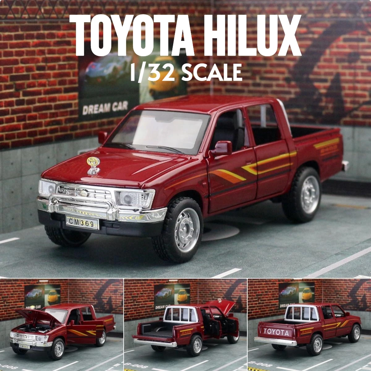 Diecast Alloy Toyota Hilux Pickup Truck Toy with Pull Back Action, Sound & Light