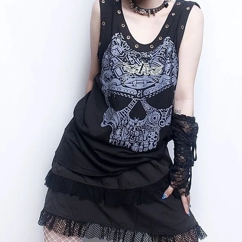 

Gothic Emo Grunge Skull Print Tank Top Women Mall Goth Punk Y2K Loose Sleeveless Vest Camis Dark Academia Cropped