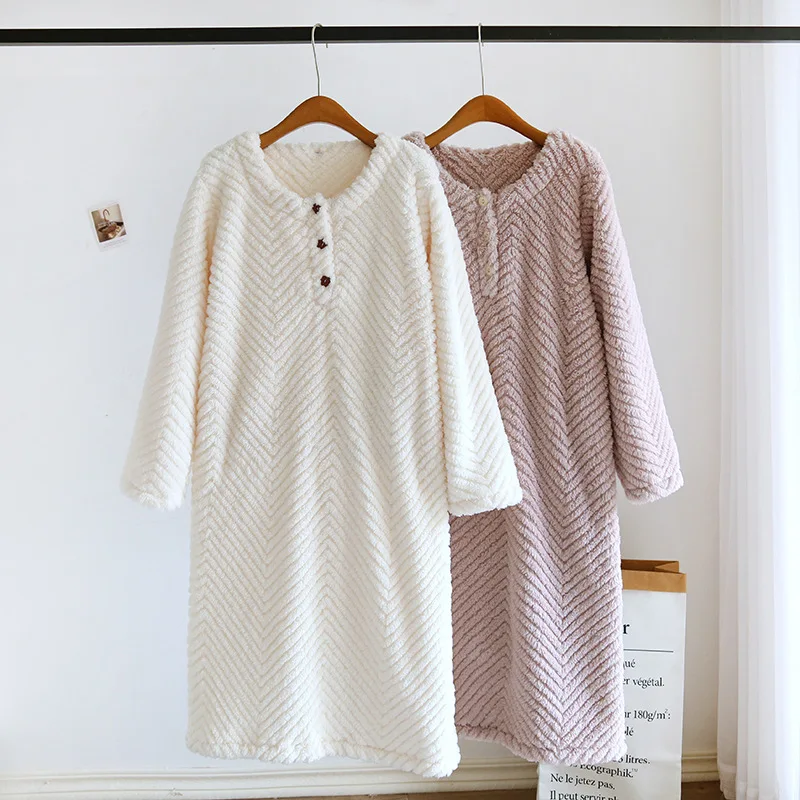 Winter Women Coral Fleece Nightgown Thicken Warm Soft Solid Pullover Pajamas Female Home Long Bathrobe Loose Oversized Sleepwear