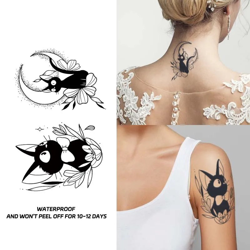一時的な黒の猫と月のタトゥーステッカー,耐水性,リアル,半永久的,偽