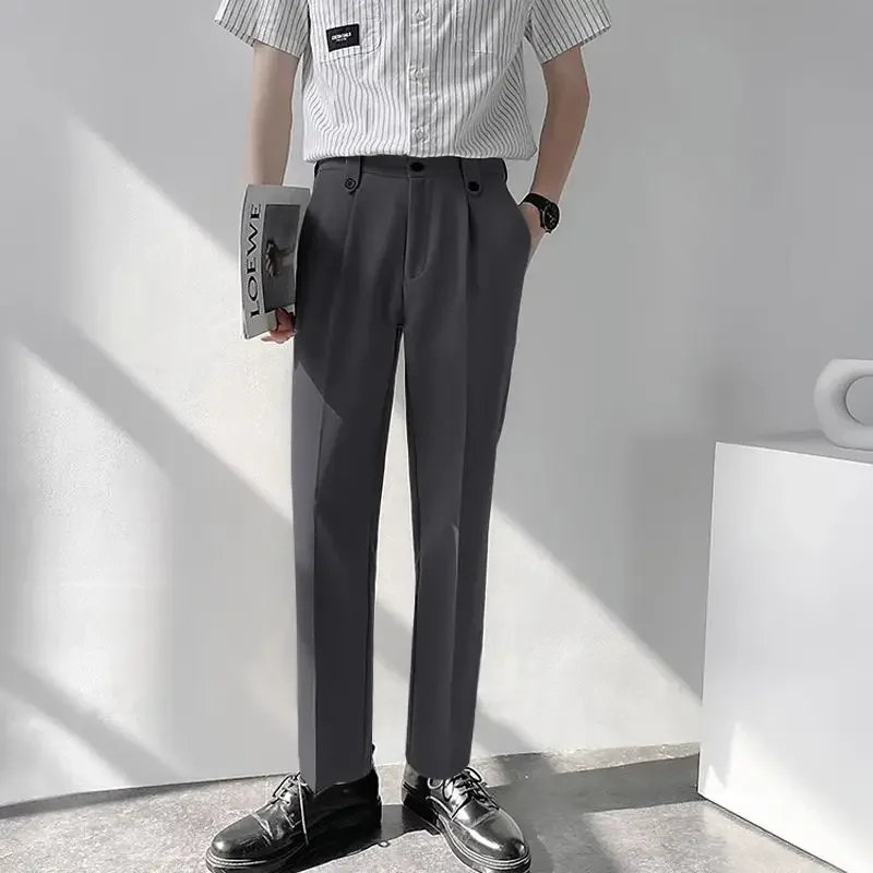 thumbnail image 1 of Pantalones de traje elásticos de negocios para hombre, rectos, holgados, de sastrería social, drapeados, de verano, negros, 9, recortados, fluidos, elásticos, 2024, 1 of 5