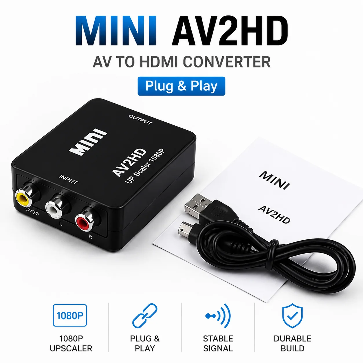 1080P RCA to HDMI Plug-and-Play Converter Adapter - Full HD Audio Video Solution