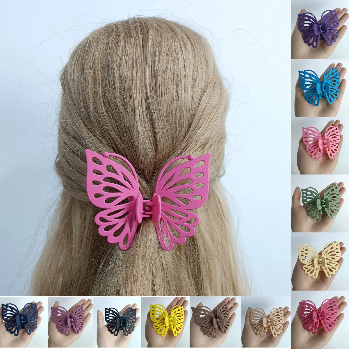 9 cm Süße Frauen Mädchen Junge Mode Geschenk Zurück Kopf Clip Haarnadel Candy Farbe Einzigen Schicht Hohl Flügel Antenne Schmetterling haar Klaue