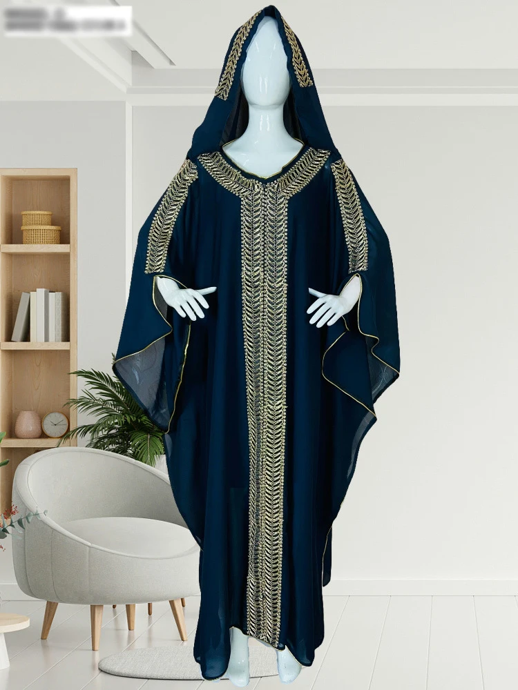 

Abaya Morocco Kaftan Dubai Hooded Maxi Dress Bat Sleeve Farasha Kaftan Muslim Women African Open Kimono Boubou Evening Long Gown