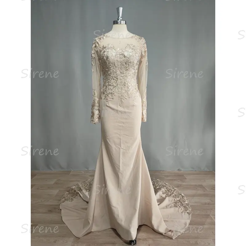 Elegant V-Neck Mermaid Wedding Dress For Women 2024 Long Sleeve Appliques Lace Court Train Backless Bridal Gown Vestido De Noiva