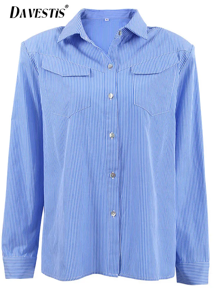 

Женская Повседневная рубашка в синюю полоску, модная свободная приталенная блузка с длинным рукавом и плечевым ремнем, Офисная рубашка, весна-лето 2023