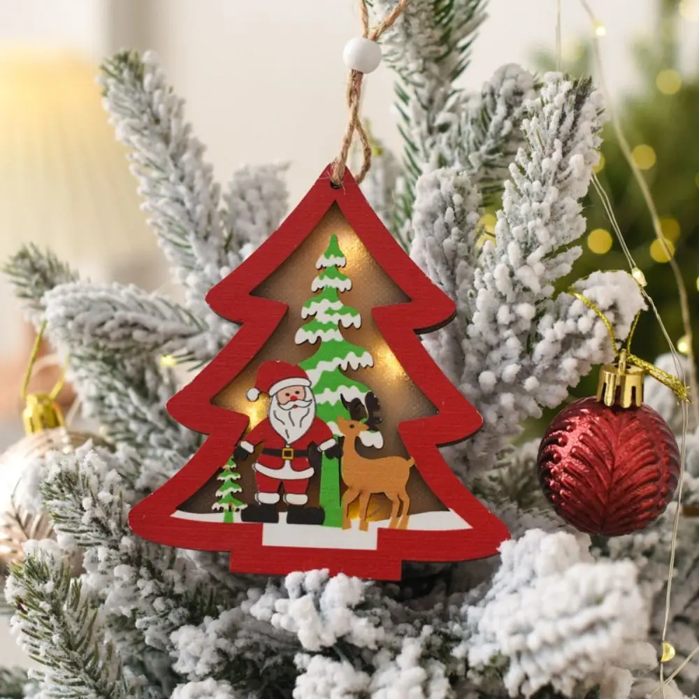 LED Light Santa Snowman Pendants Wooden Decorative Christmas Tree Pendant Hanging with Rope Christmas Tree Ornaments DIY