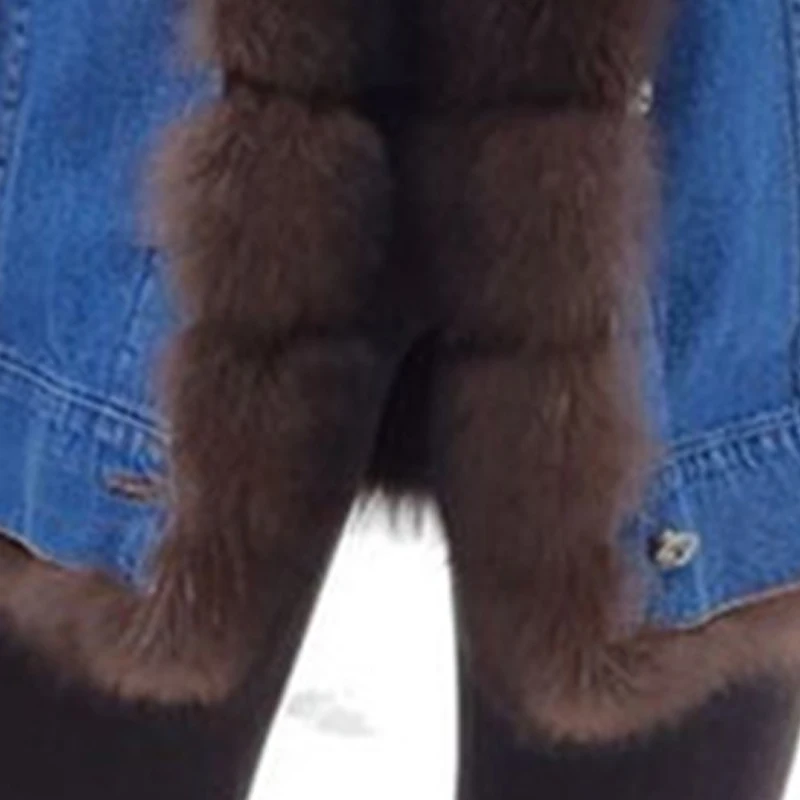 سترة دنيم نسائية متكاملة من الفراء مع قطيفة ، بأكم...