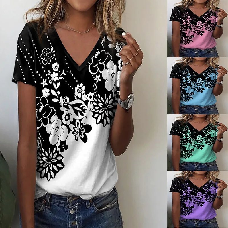 

Women's T-shirt Spring and Summer Fashion New Flower Print V-neck Short-sleeved Leisure T-shirt Female