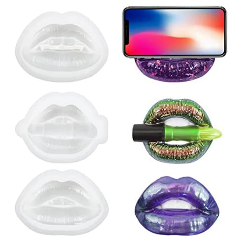 

3 PCS Lips Resin Mold 3D Phone Holder Phone Stand Molds Resin Art Molds Ornament Silicone UV Epoxy Casting Molds A