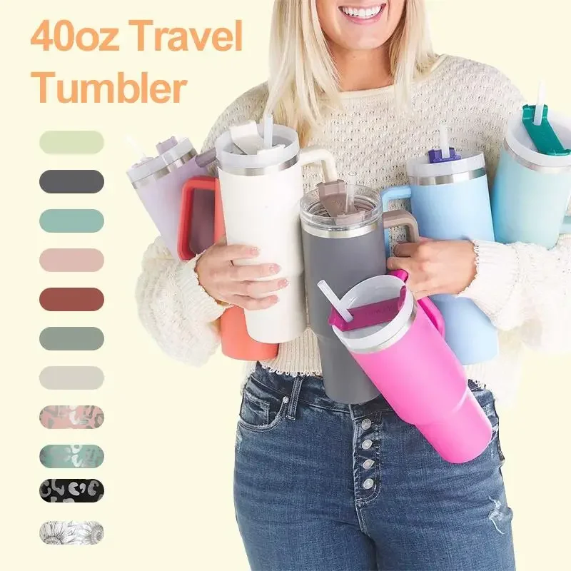 Travel Tumbler Straw Coffee Insulation Cup 40oz Handle Portable Car Stainless Steel Water Bottle BPA Free Thermal Water Mug